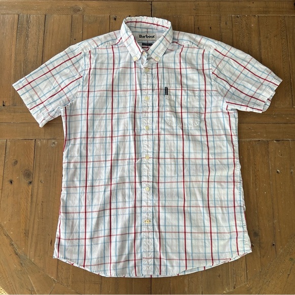 Barbour Men's White and Red plaid short sleeve tailored button up Shirt small - Picture 1 of 8